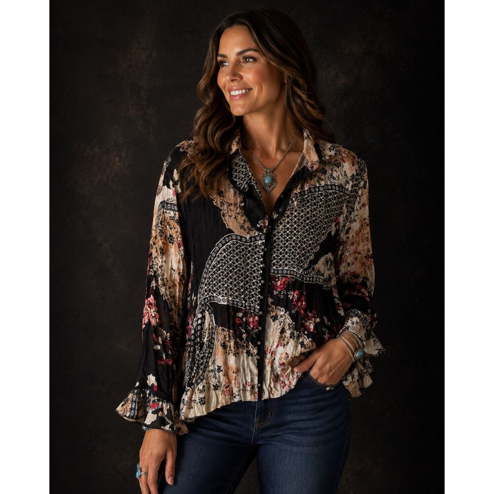 Boho Patchwork Floral Print Peasant Blouse Beaded Collar Ruffle Hem
